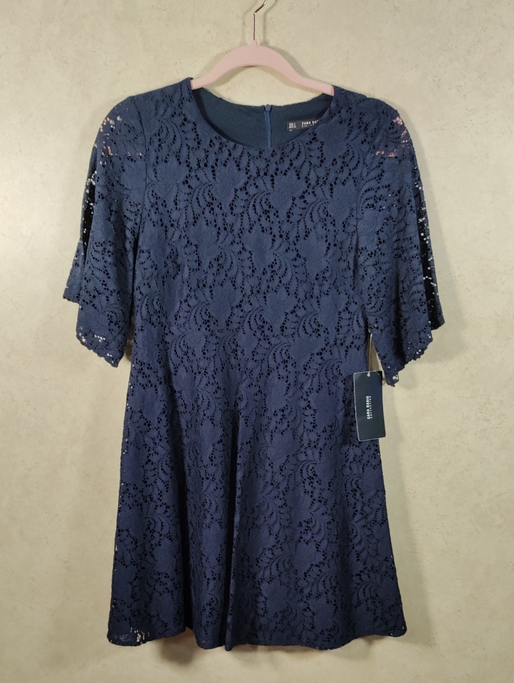 H143 Zara Basic Navy Lace Mini Dress S NWT